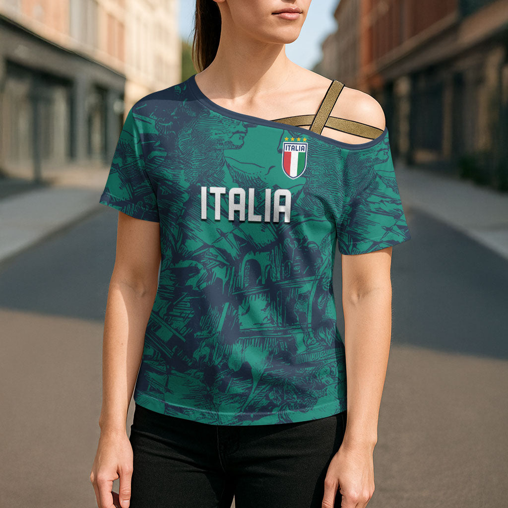 Custom Italy Football Cross Shoulder Shirt Gli Azzurri Renaissance Art Green Version