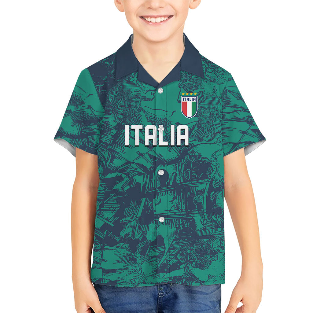 Custom Italy Football Kid Hawaiian Shirt Gli Azzurri Renaissance Art Green Version