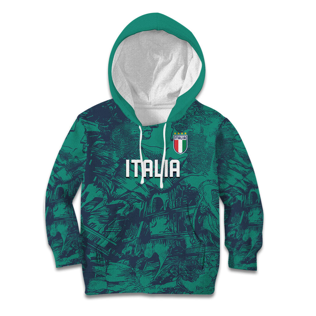 Custom Italy Football Kid Hoodie Gli Azzurri Renaissance Art Green Version
