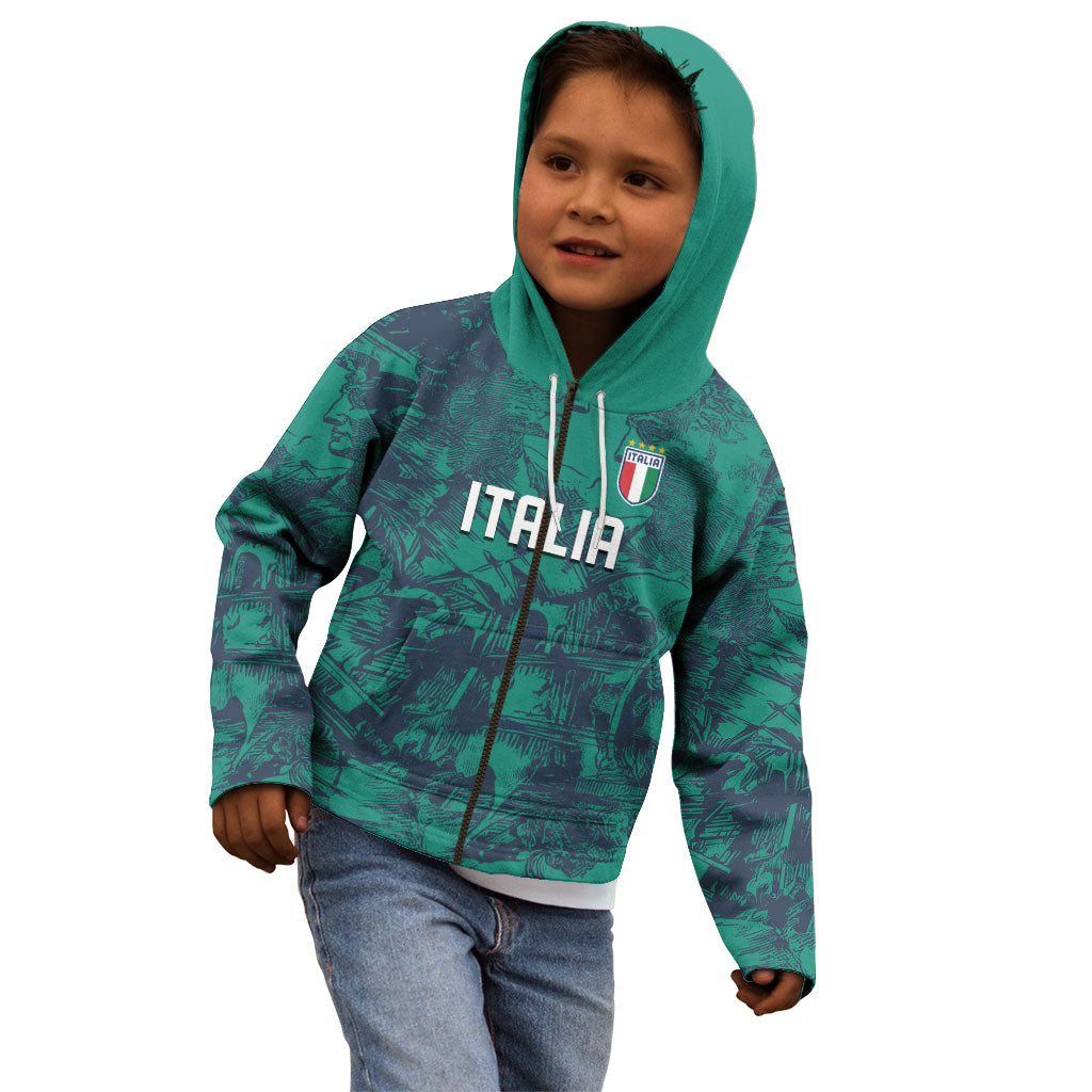 Custom Italy Football Kid Hoodie Gli Azzurri Renaissance Art Green Version