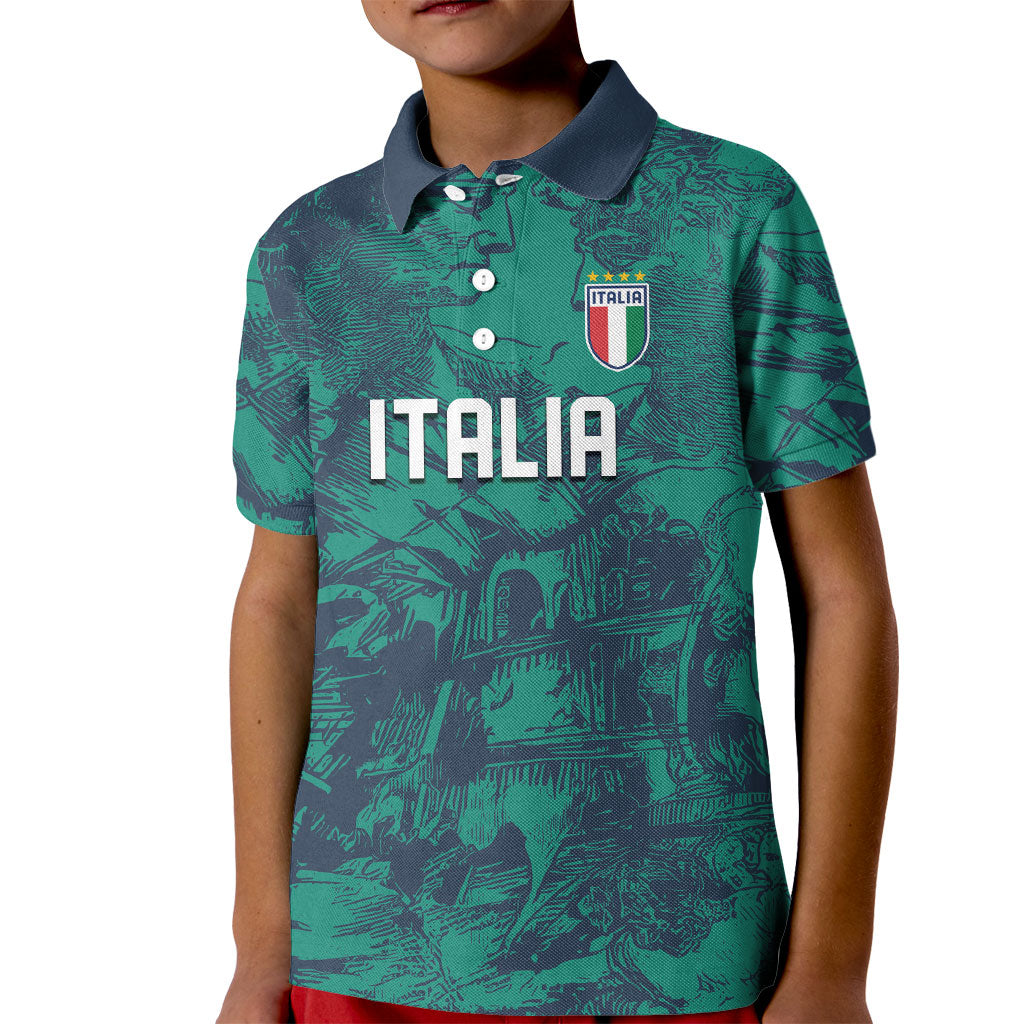 Custom Italy Football Kid Polo Shirt Gli Azzurri Renaissance Art Green Version