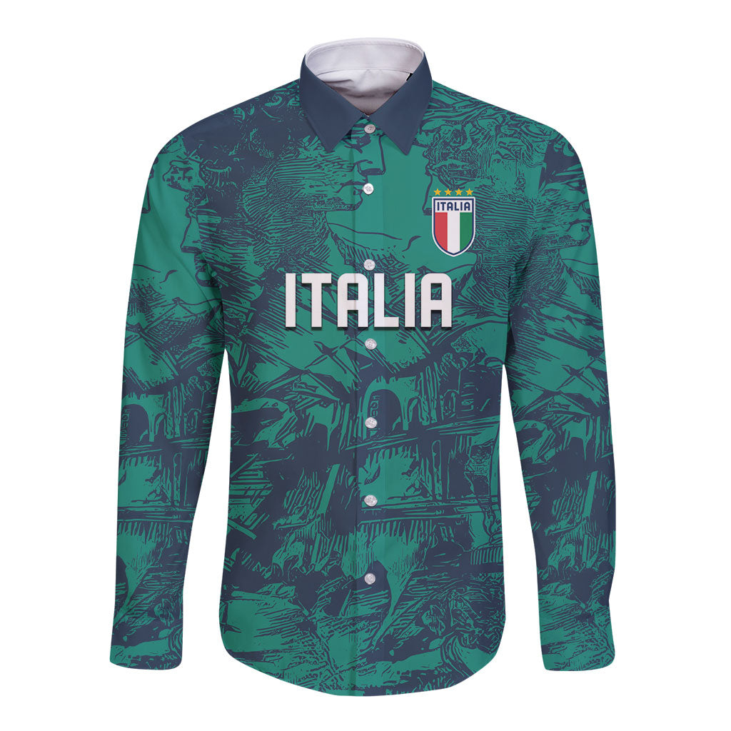 Custom Italy Football Long Sleeve Button Shirt Gli Azzurri Renaissance Art Green Version