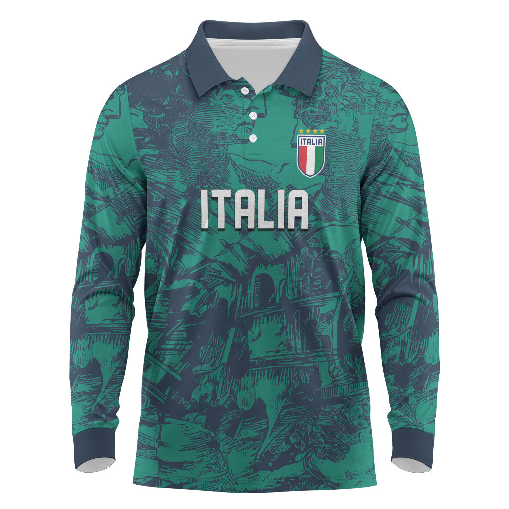 Custom Italy Football Long Sleeve Polo Shirt Gli Azzurri Renaissance Art Green Version