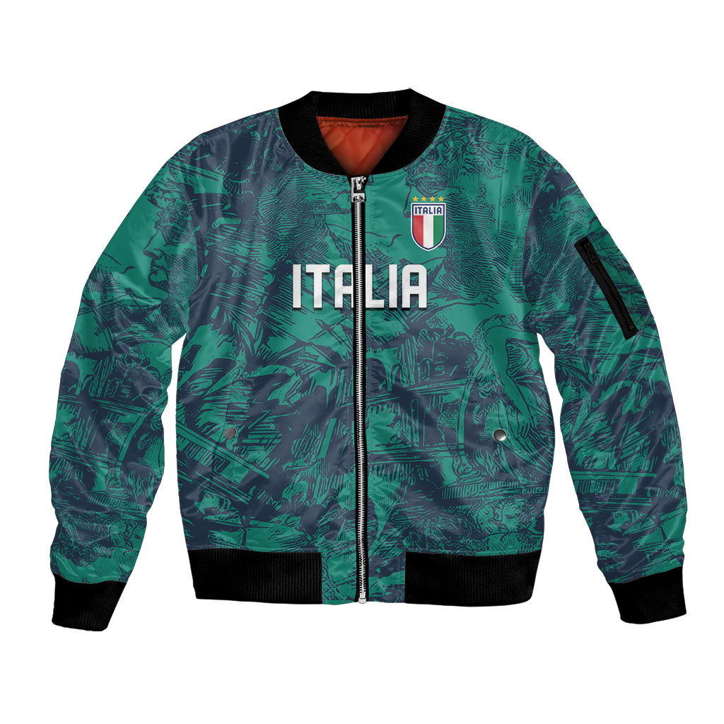 Custom Italy Football Sleeve Zip Bomber Jacket Gli Azzurri Renaissance Art Green Version
