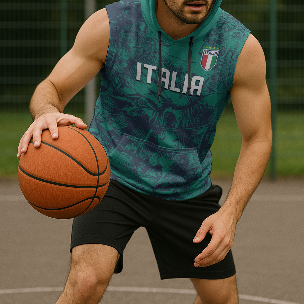 Custom Italy Football Sleeveless Hoodie Gli Azzurri Renaissance Art Green Version