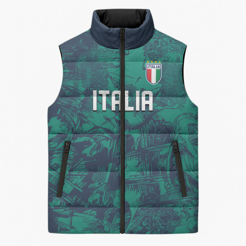 Custom Italy Football Sleeveless Puffer Jacket Gli Azzurri Renaissance Art Green Version