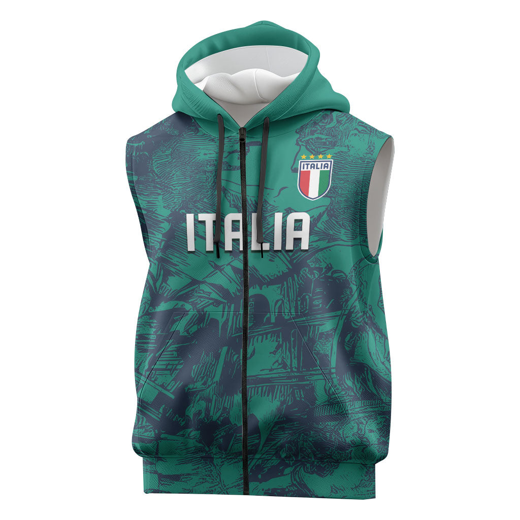 Custom Italy Football Sleeveless Zip Hoodie Gli Azzurri Renaissance Art Green Version
