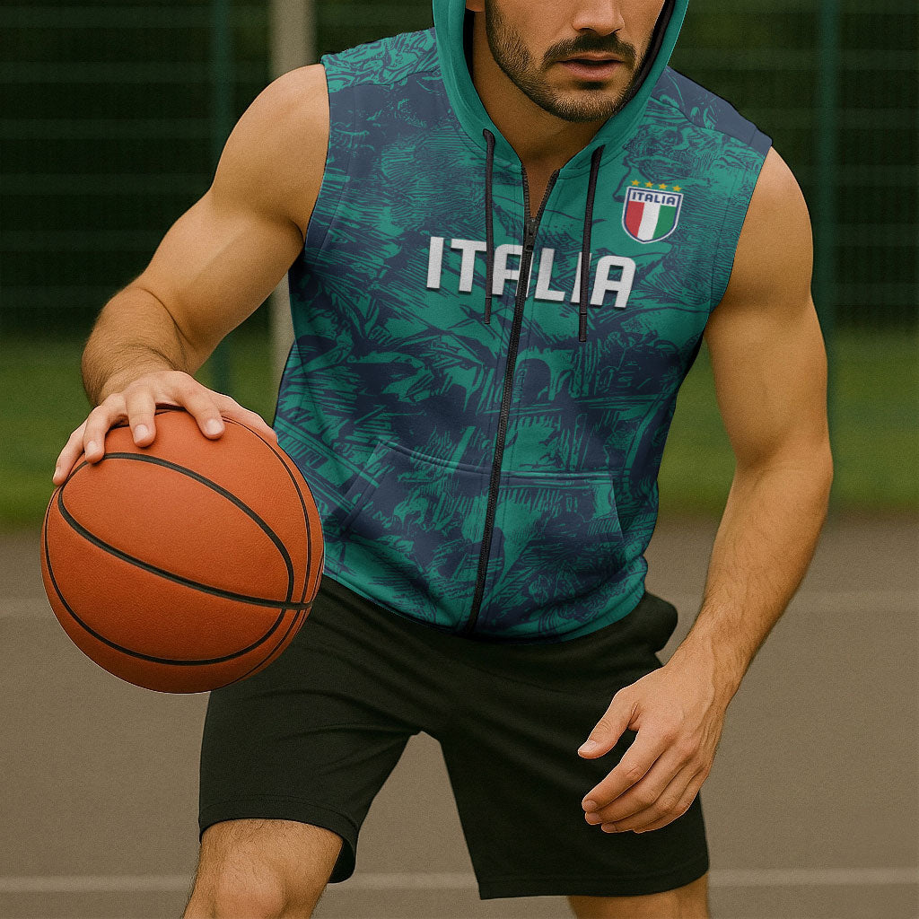 Custom Italy Football Sleeveless Zip Hoodie Gli Azzurri Renaissance Art Green Version