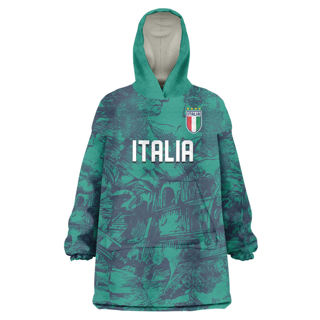 Custom Italy Football Wearable Blanket Hoodie Gli Azzurri Renaissance Art Green Version