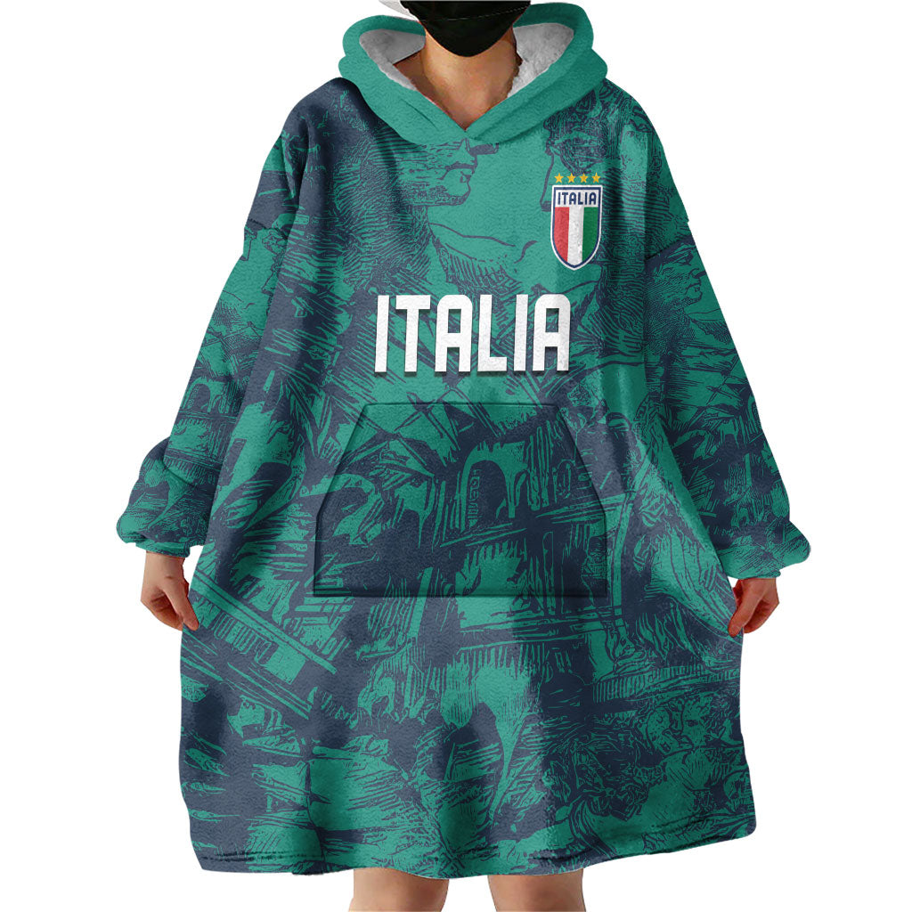 Custom Italy Football Wearable Blanket Hoodie Gli Azzurri Renaissance Art Green Version