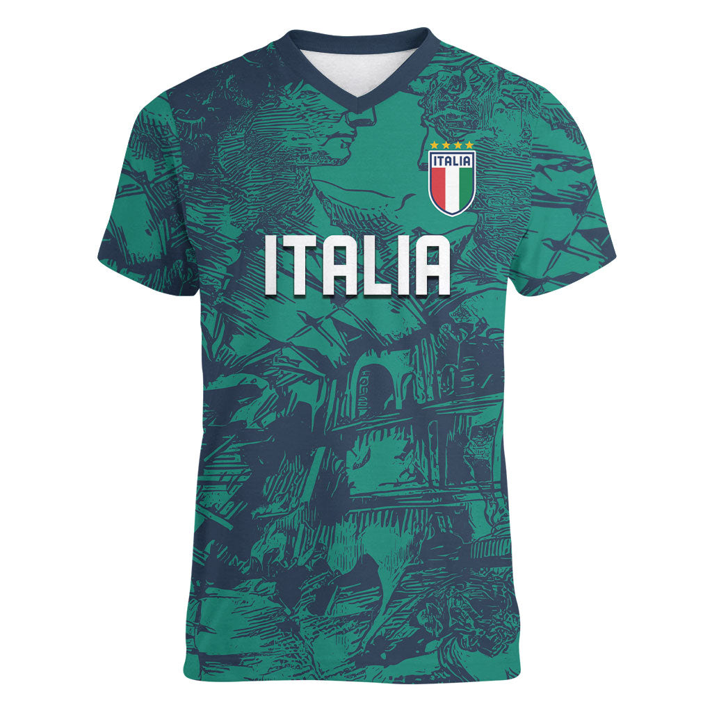 Custom Italy Football Women V-Neck T-Shirt Gli Azzurri Renaissance Art Green Version