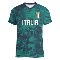 Custom Italy Football Women V-Neck T-Shirt Gli Azzurri Renaissance Art Green Version