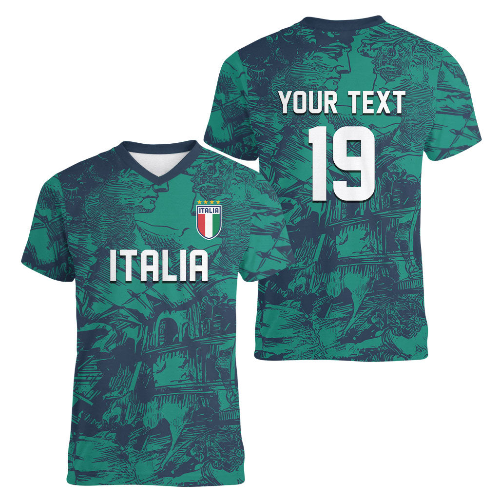 Custom Italy Football Women V-Neck T-Shirt Gli Azzurri Renaissance Art Green Version