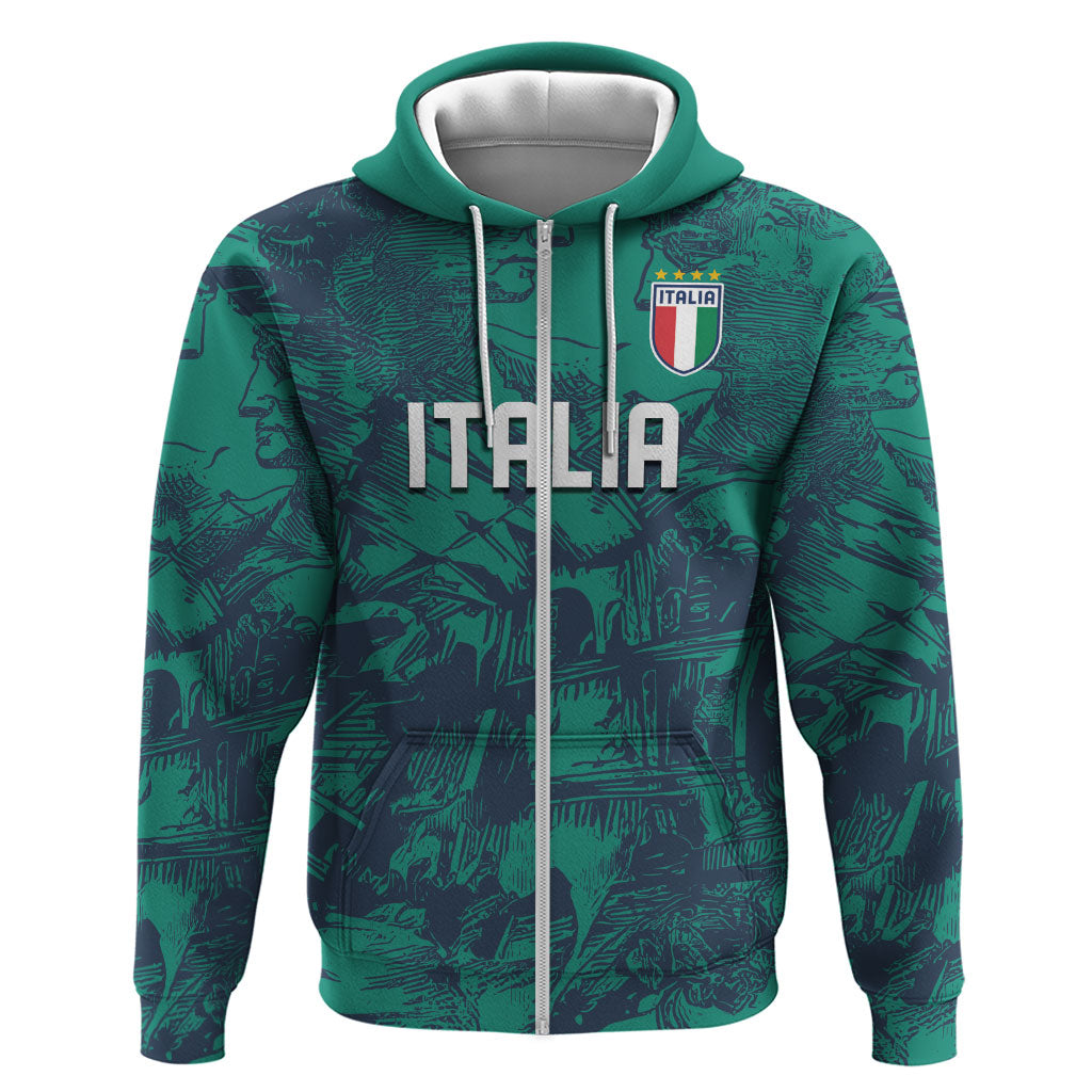 Custom Italy Football Zip Hoodie Gli Azzurri Renaissance Art Green Version