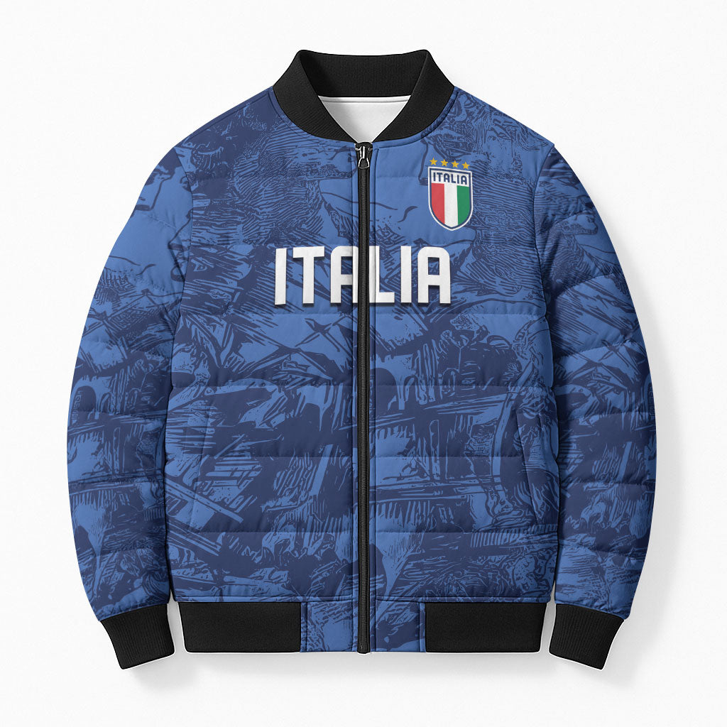 Custom Italy Football Bomber Puffer Jacket Gli Azzurri Renaissance Art Blue Version