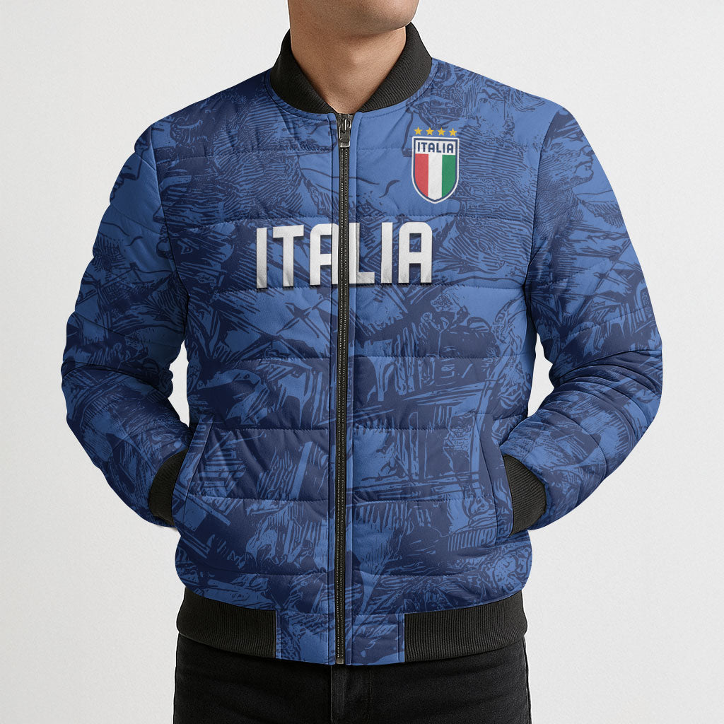 Custom Italy Football Bomber Puffer Jacket Gli Azzurri Renaissance Art Blue Version