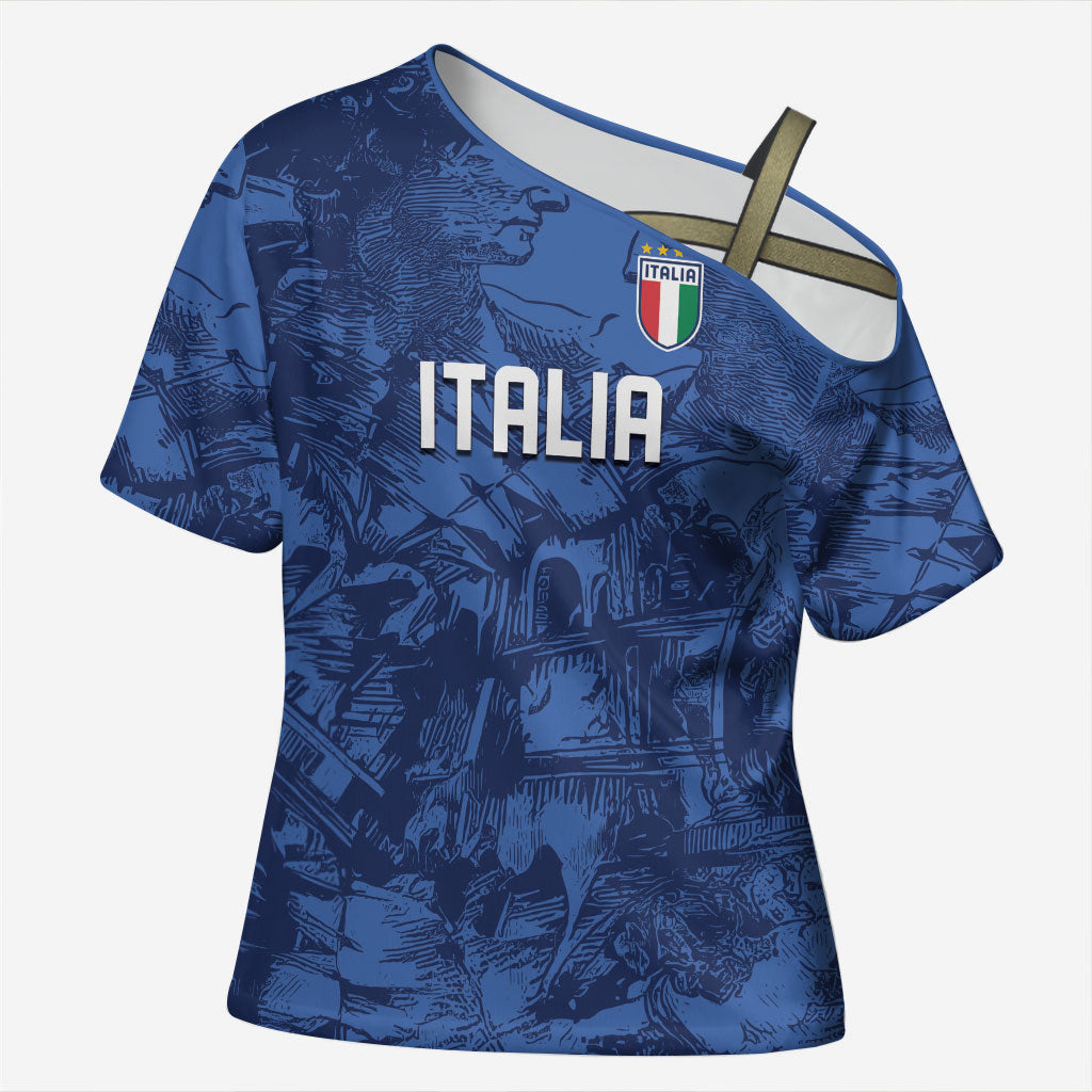 Custom Italy Football Cross Shoulder Shirt Gli Azzurri Renaissance Art Blue Version