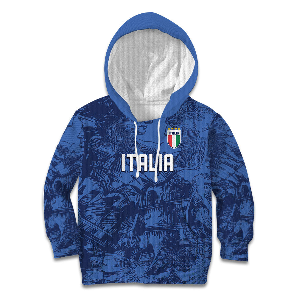 Custom Italy Football Kid Hoodie Gli Azzurri Renaissance Art Blue Version