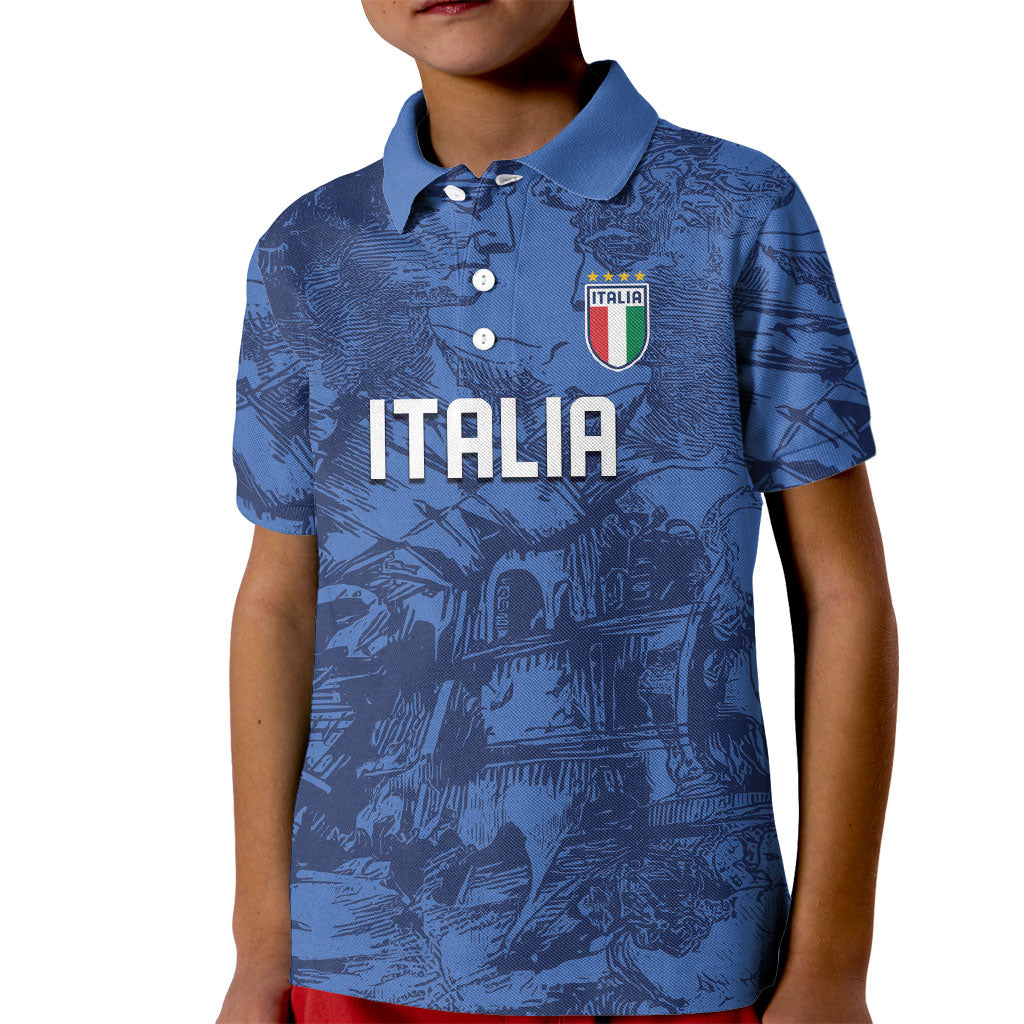 Custom Italy Football Kid Polo Shirt Gli Azzurri Renaissance Art Blue Version