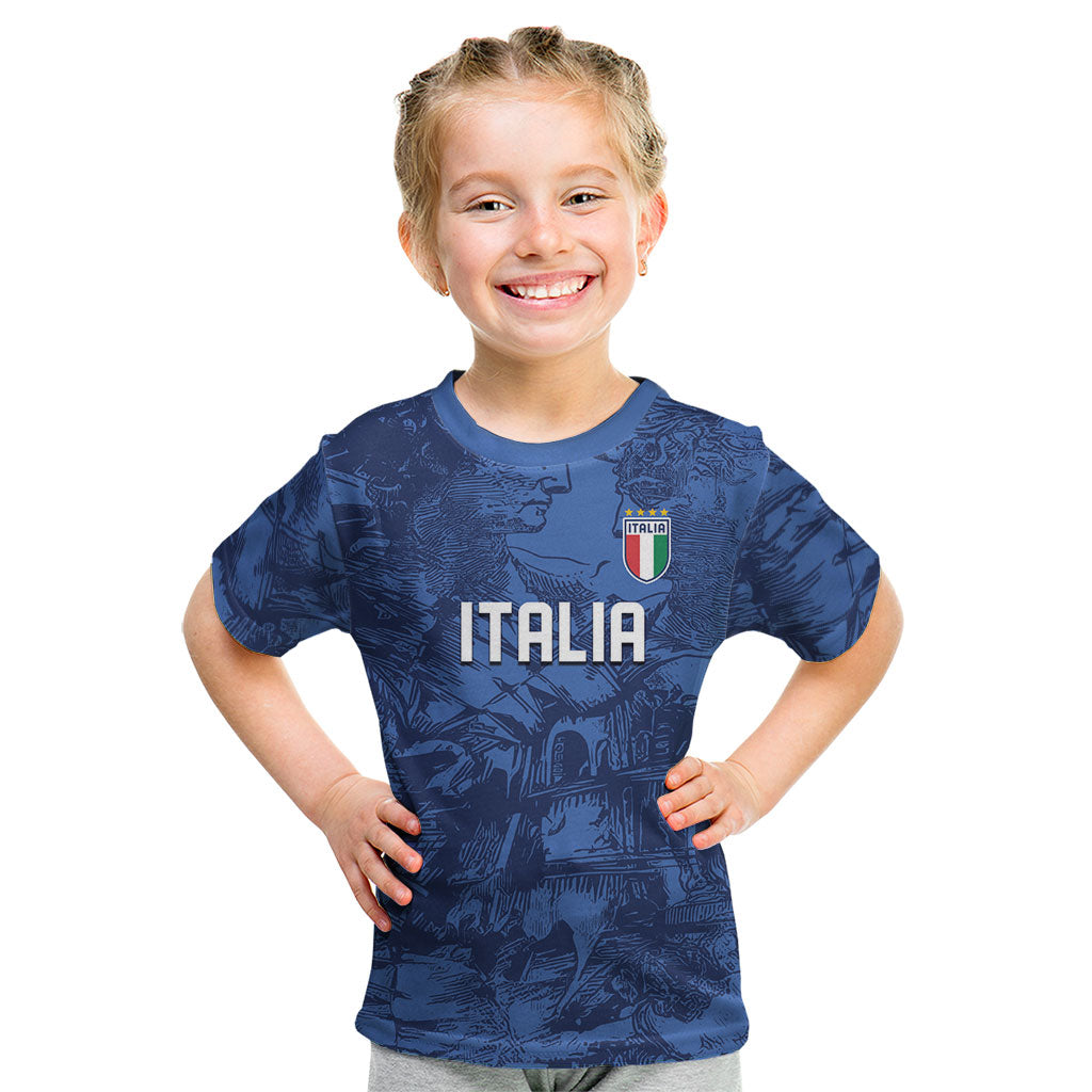 Custom Italy Football Kid T Shirt Gli Azzurri Renaissance Art Blue Version