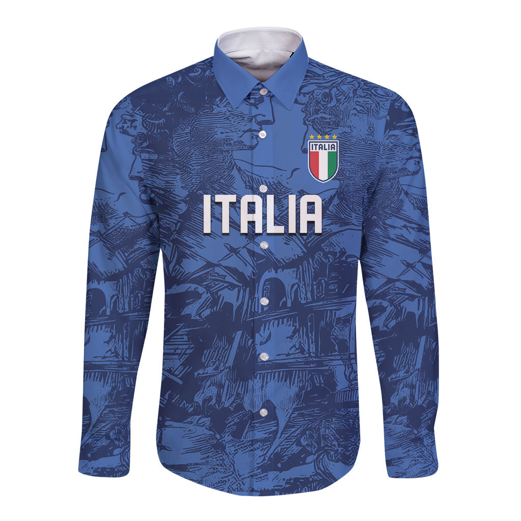 Custom Italy Football Long Sleeve Button Shirt Gli Azzurri Renaissance Art Blue Version