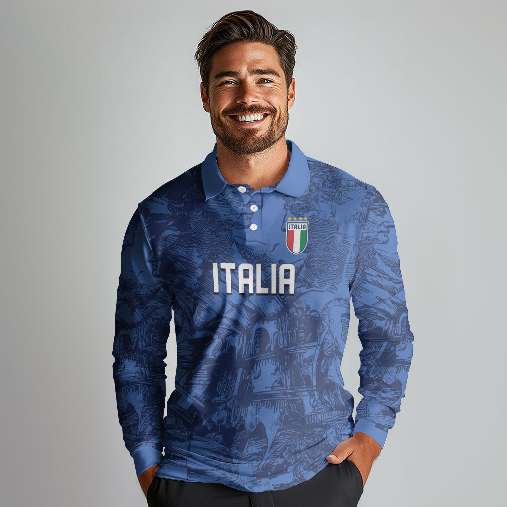 Custom Italy Football Long Sleeve Polo Shirt Gli Azzurri Renaissance Art Blue Version