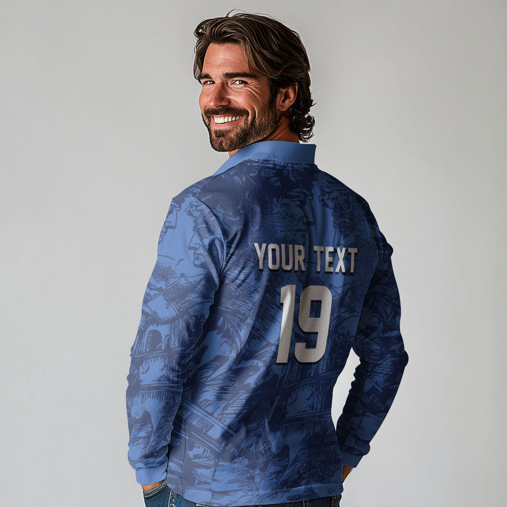 Custom Italy Football Long Sleeve Polo Shirt Gli Azzurri Renaissance Art Blue Version