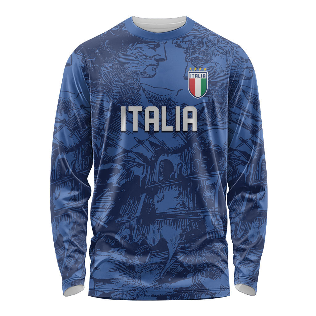 Custom Italy Football Long Sleeve Shirt Gli Azzurri Renaissance Art Blue Version