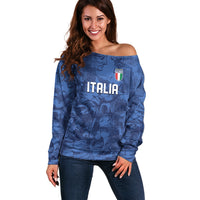 Custom Italy Football Off Shoulder Sweater Gli Azzurri Renaissance Art Blue Version