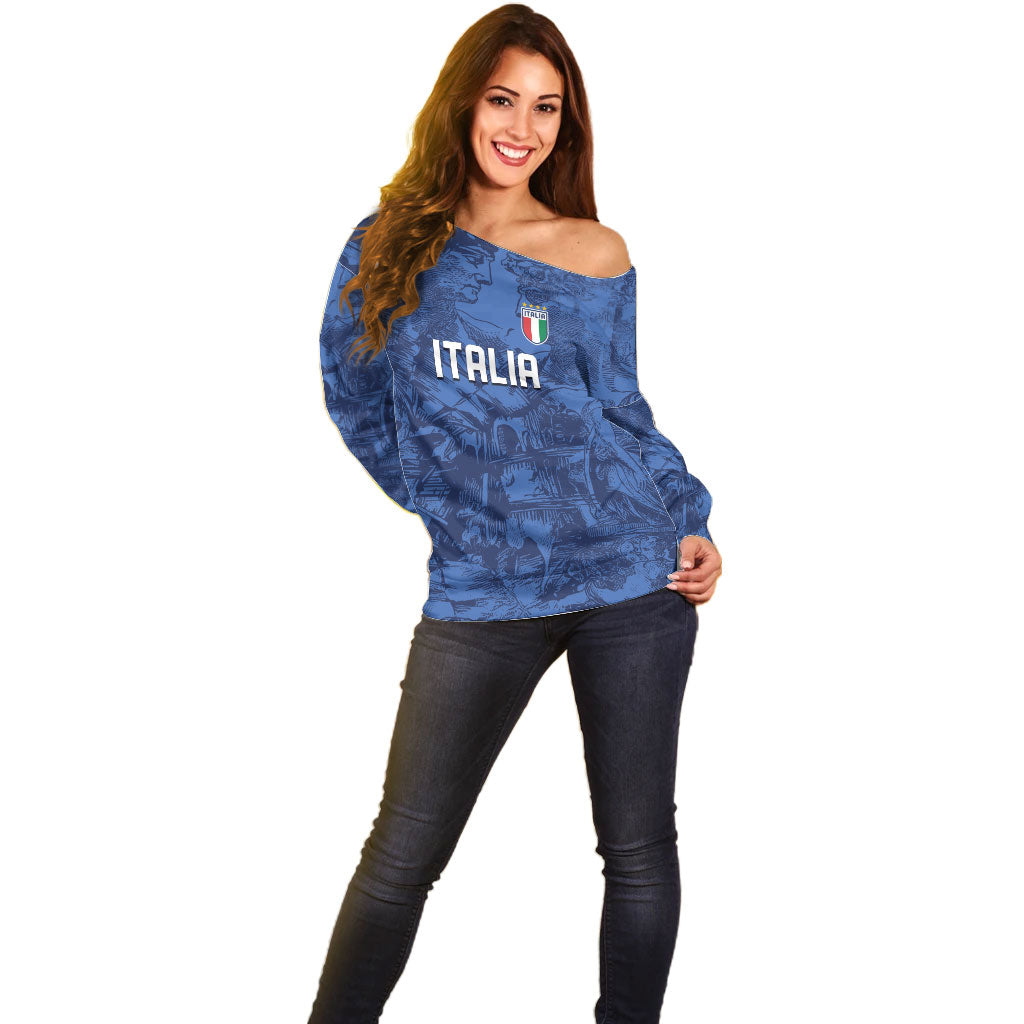 Custom Italy Football Off Shoulder Sweater Gli Azzurri Renaissance Art Blue Version