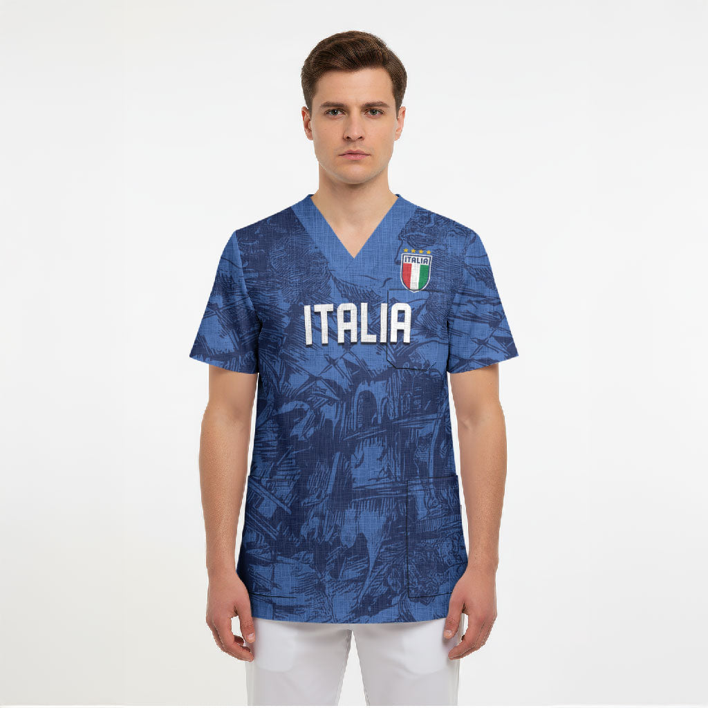 Custom Italy Football Scrub Top Gli Azzurri Renaissance Art Blue Version