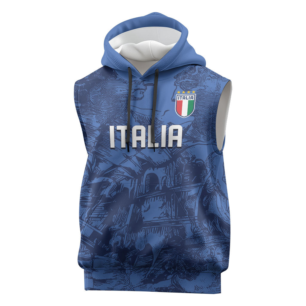 Custom Italy Football Sleeveless Hoodie Gli Azzurri Renaissance Art Blue Version