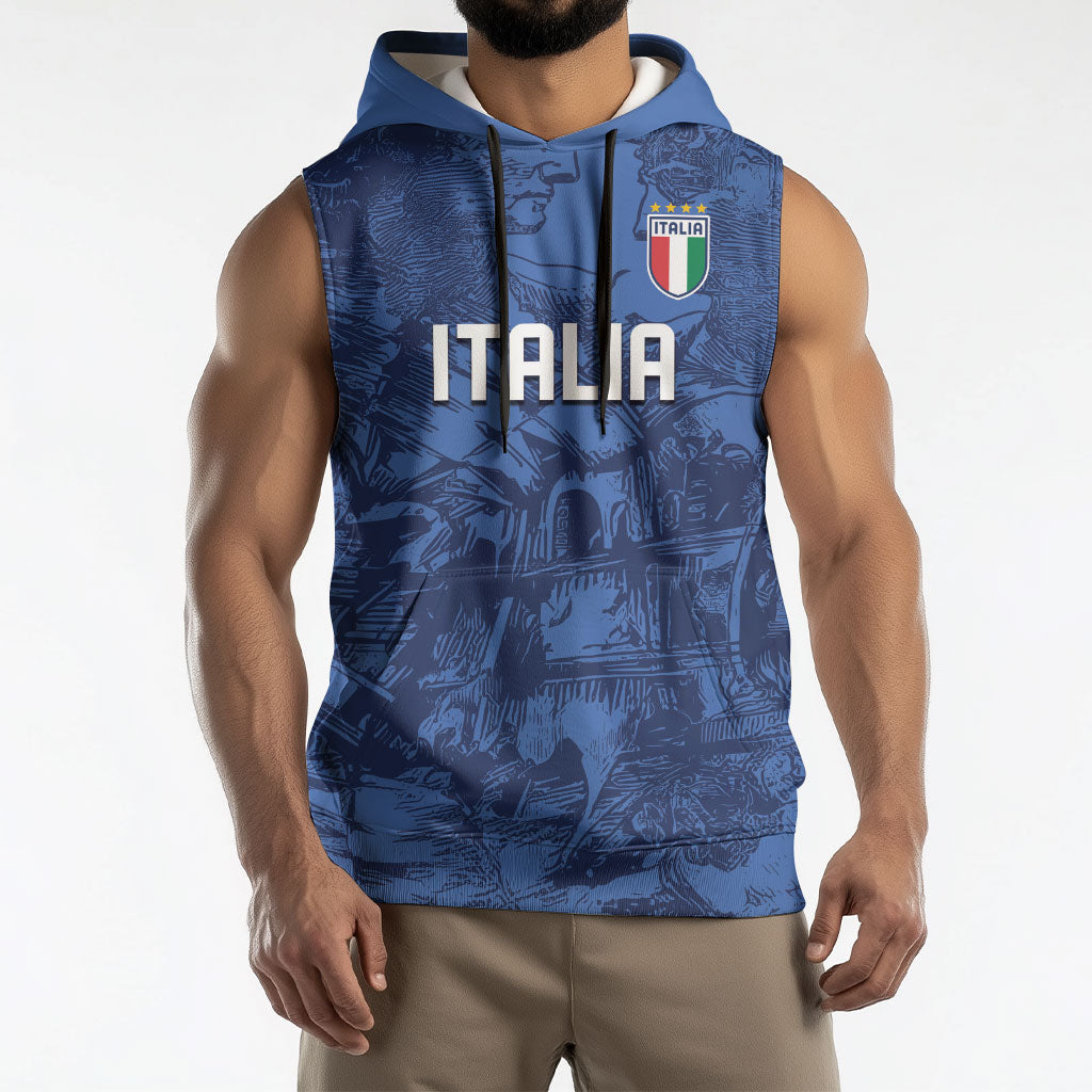Custom Italy Football Sleeveless Hoodie Gli Azzurri Renaissance Art Blue Version