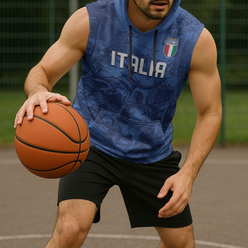 Custom Italy Football Sleeveless Hoodie Gli Azzurri Renaissance Art Blue Version
