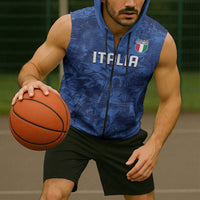 Custom Italy Football Sleeveless Zip Hoodie Gli Azzurri Renaissance Art Blue Version