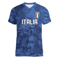 Custom Italy Football Women V-Neck T-Shirt Gli Azzurri Renaissance Art Blue Version