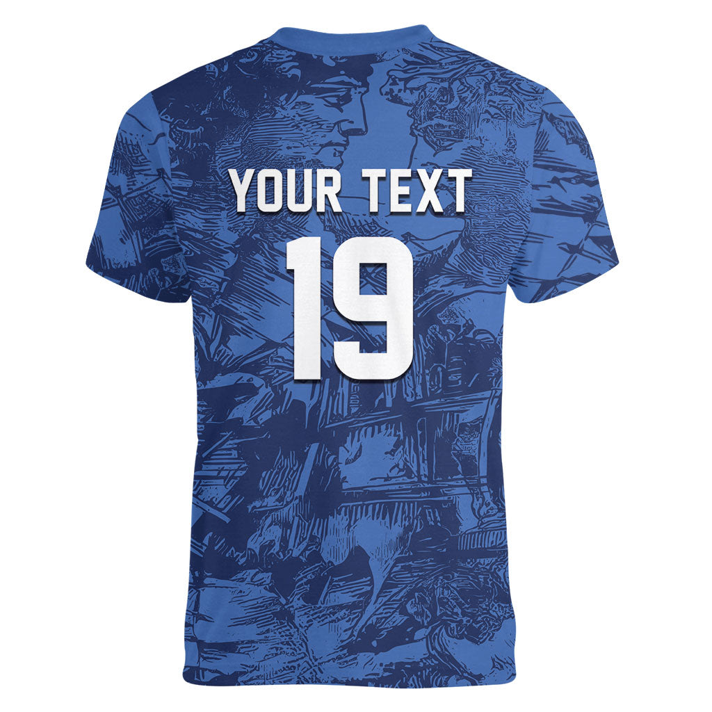 Custom Italy Football Women V-Neck T-Shirt Gli Azzurri Renaissance Art Blue Version