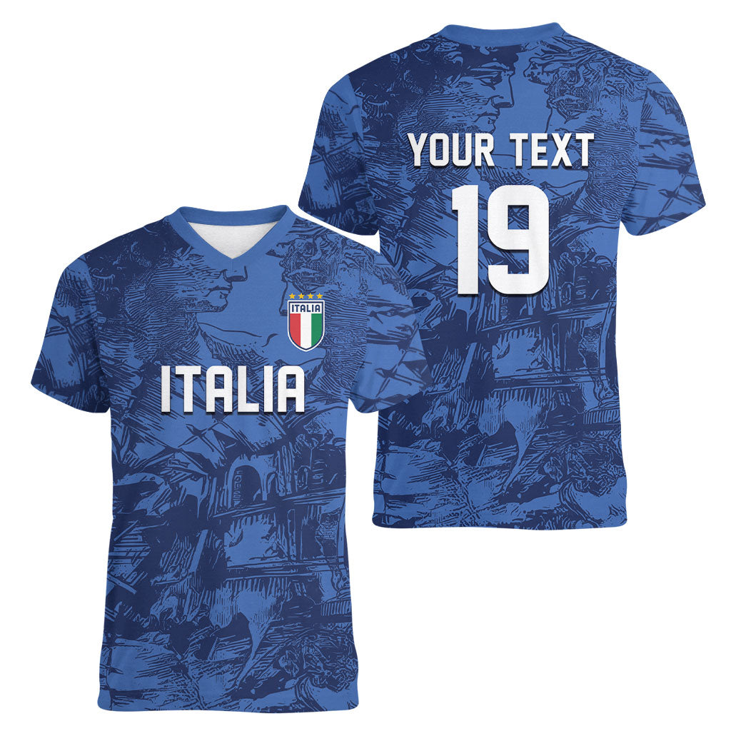 Custom Italy Football Women V-Neck T-Shirt Gli Azzurri Renaissance Art Blue Version