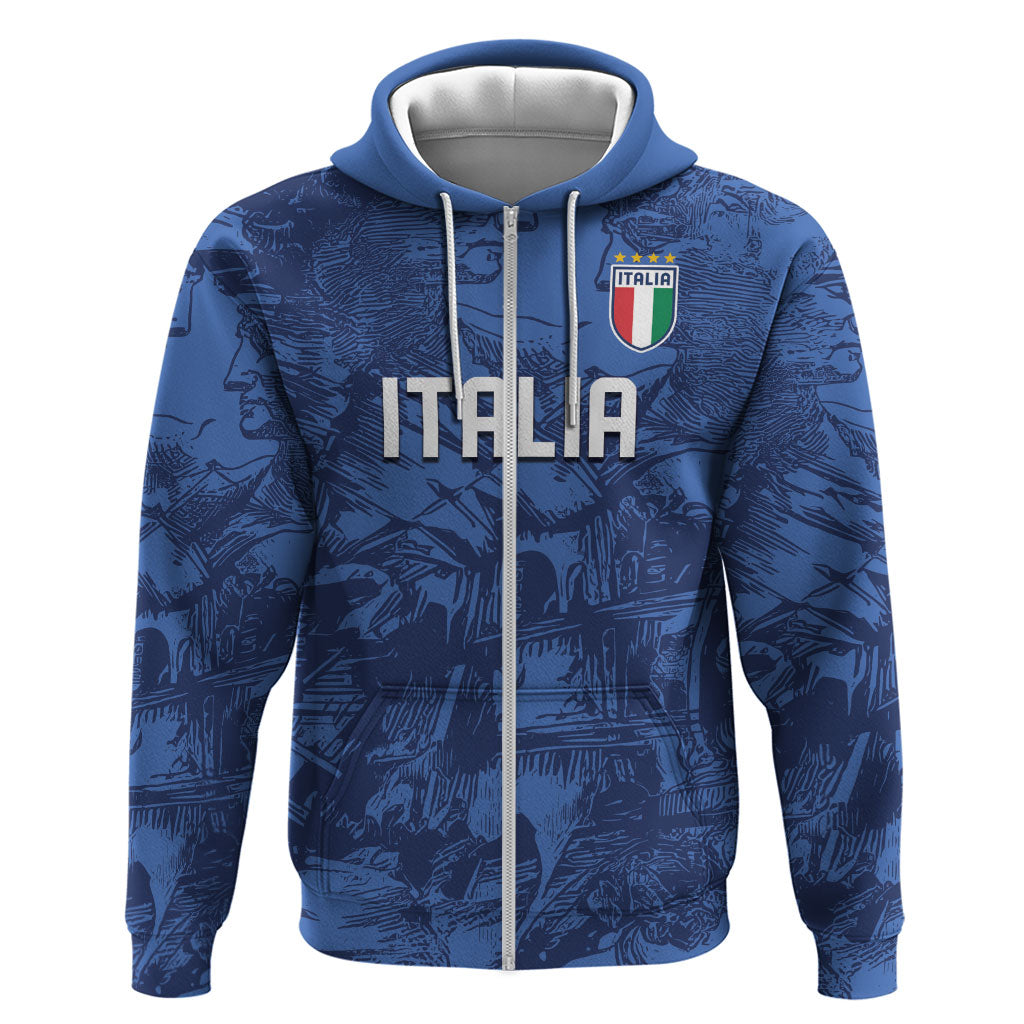 Custom Italy Football Zip Hoodie Gli Azzurri Renaissance Art Blue Version