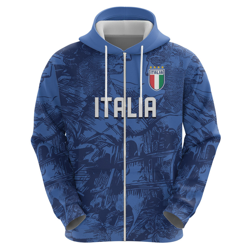 Custom Italy Football Zip Hoodie Gli Azzurri Renaissance Art Blue Version