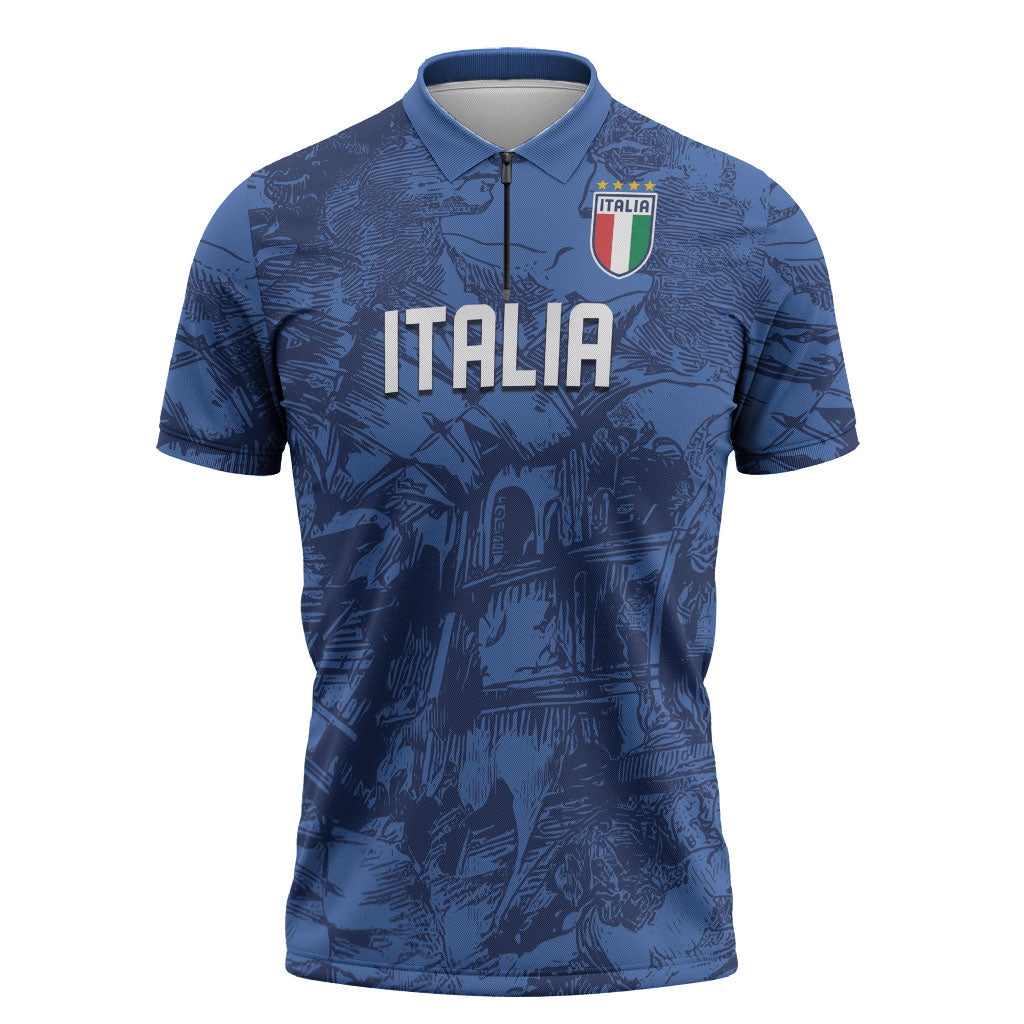 Custom Italy Football Zipper Polo Shirt Gli Azzurri Renaissance Art Blue Version