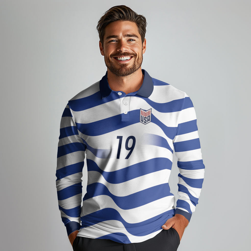 Custom World Football 2026 USA Long Sleeve Polo Shirt Stars Stripes Football Supporter