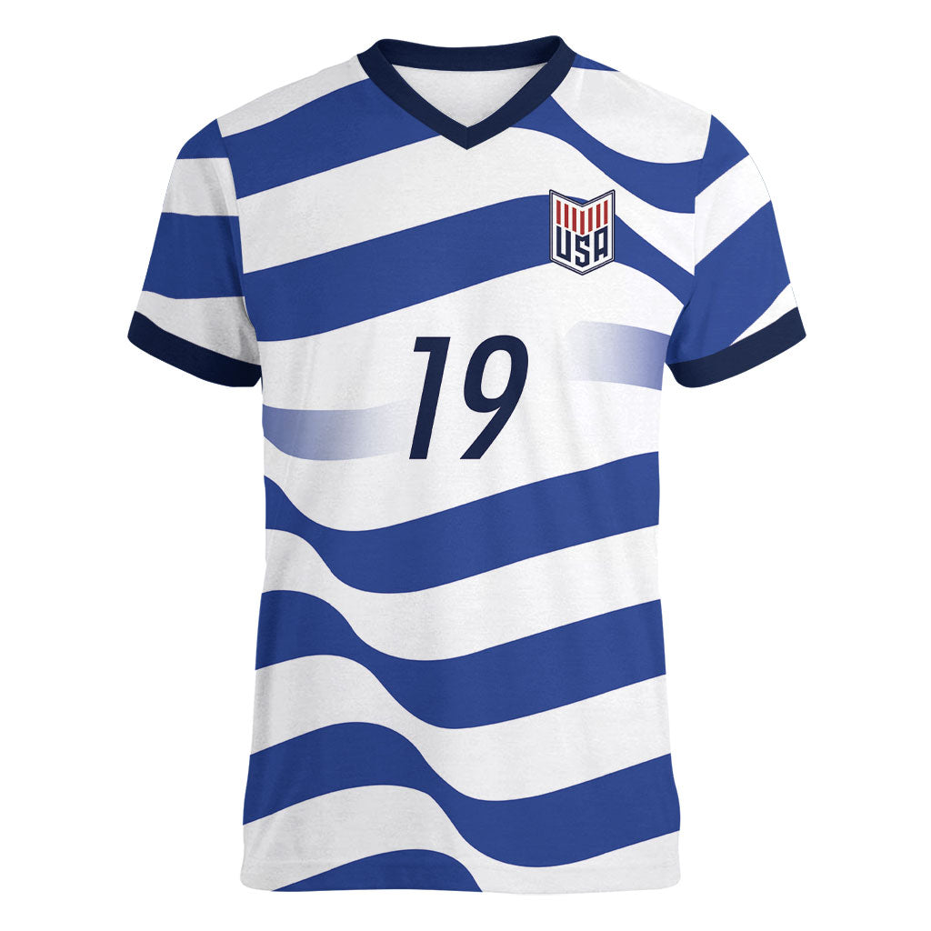 Custom World Football 2026 USA Women V-Neck T-Shirt Stars Stripes Football Supporter