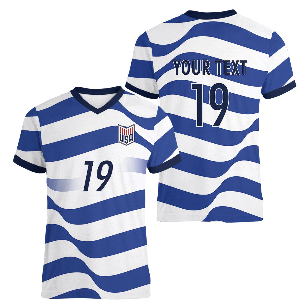 Custom World Football 2026 USA Women V-Neck T-Shirt Stars Stripes Football Supporter