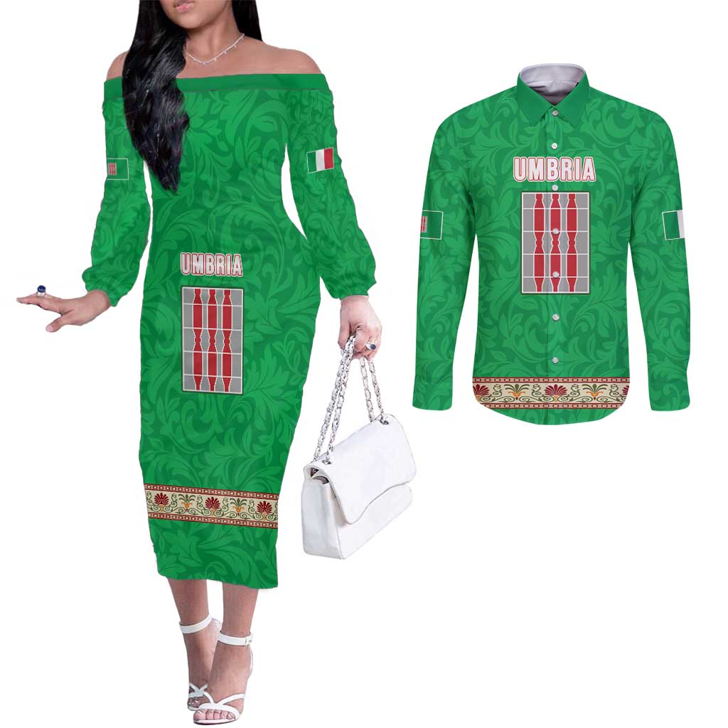 Personalized Italy Umbria Couples Matching Off The Shoulder Long Sleeve Dress and Long Sleeve Button Shirt Flag Style LT19