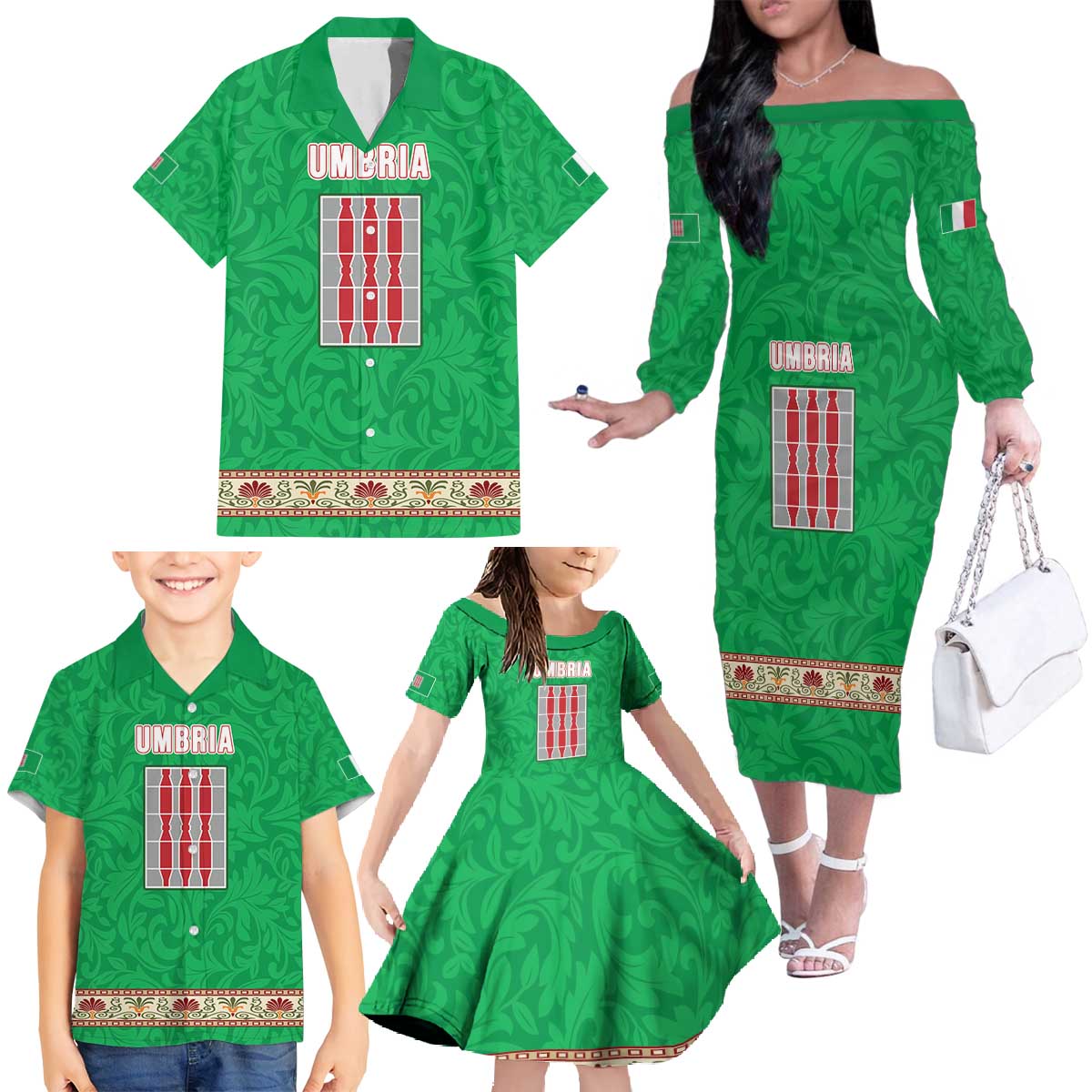 Personalized Italy Umbria Family Matching Off The Shoulder Long Sleeve Dress and Hawaiian Shirt Flag Style LT19