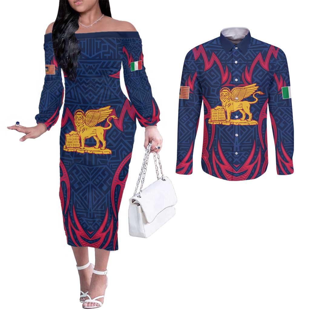 Italy Veneto Couples Matching Off The Shoulder Long Sleeve Dress and Long Sleeve Button Shirt Emblem With Flag Style LT19