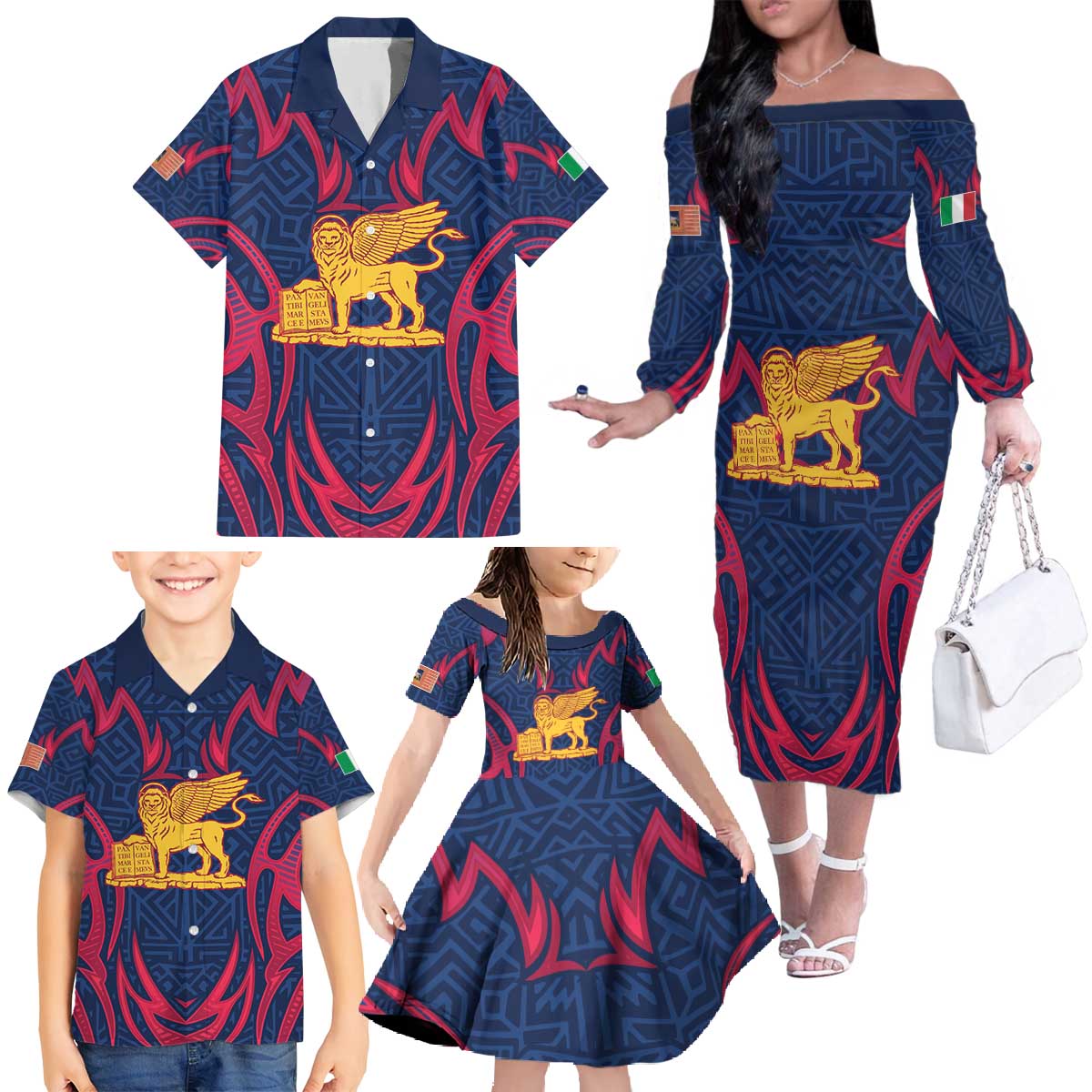 Italy Veneto Family Matching Off The Shoulder Long Sleeve Dress and Hawaiian Shirt Emblem With Flag Style LT19