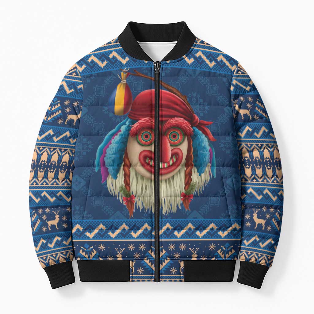 Personalized Romania Christmas Bomber Puffer Jacket Romanian Traditional Masks - Wonder Print Shop