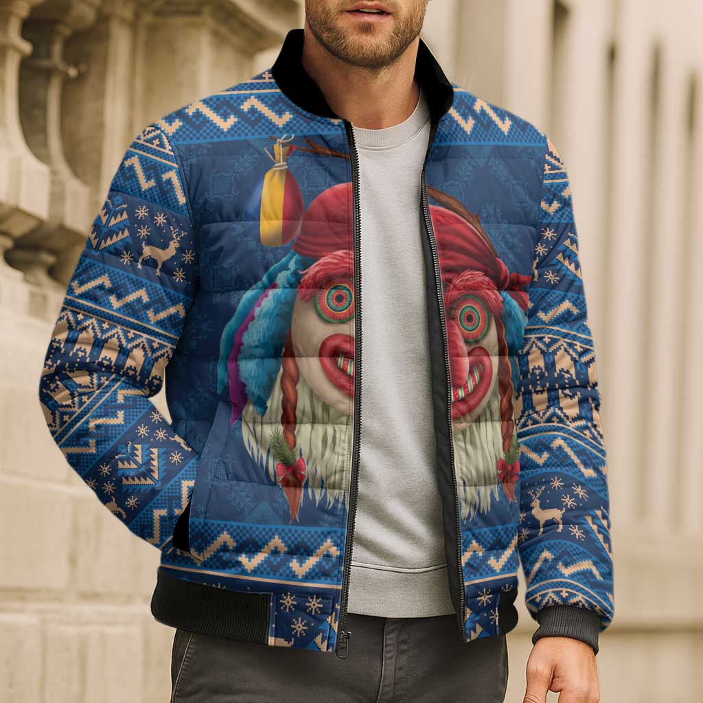 Personalized Romania Christmas Bomber Puffer Jacket Romanian Traditional Masks - Wonder Print Shop